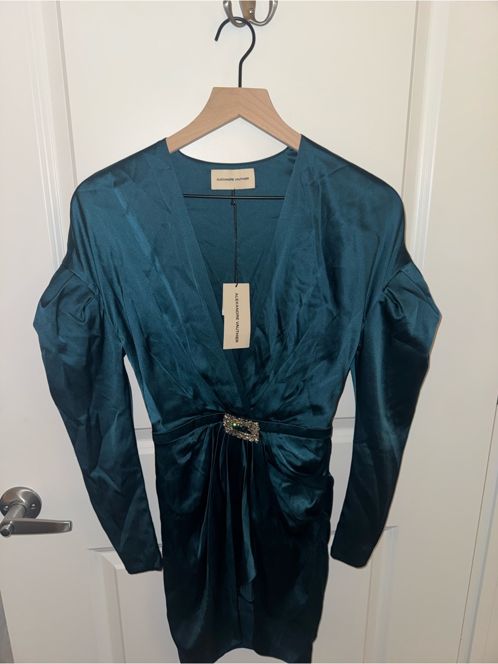 Alexander Vauthier Teal Satin V-Neck Mini Dress with Jeweled Waist